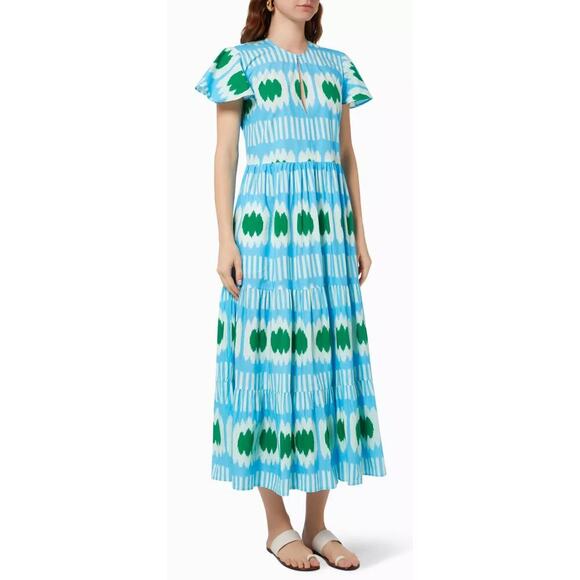 Oliphant V-Neck Maxi Midi Flutter Sleeve Dress Ikat Blue Green Tuckernuck Cotton - Picture 2 of 11